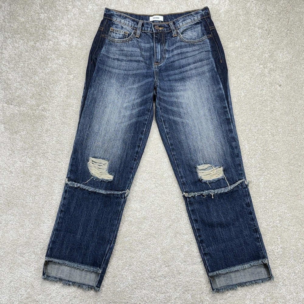Ceros Jeans Womens 25‎ Blue Medium Wash High Rise Straight Crop Distressed Denim